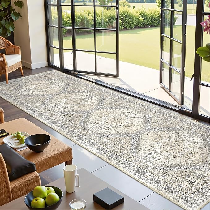 Runner Rug 2x10, Ultra-Thin Kitchen Rugs Non Slip Washable Rugs for Entryway Rug, Kitchen Runner Low Pile Vintage Soft Carpets for Living Room, Bathroom Bedroom (Beige,2'x10')