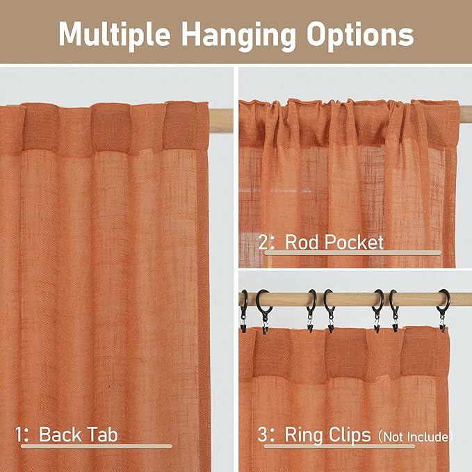 LAMIT Burnt Orange Linen Curtains 30 Inch Length for Cafe, Semi Sheer Light Filtering Panels Back Tab and Rod Pocket Small Window Drapes for Basement, 2 Panels, 34 x 30 Inch