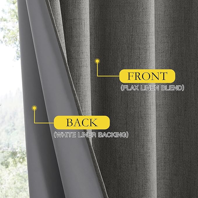 NICETOWN Grizzle Gray Vintage Linen 100% Blackout Curtains for Living Room, Thermal Insulated Curtains 90" Long, Noise Reducing Window Treatment Drapes for Home Cinema, 52" Wide Per Panel, Set of 2
