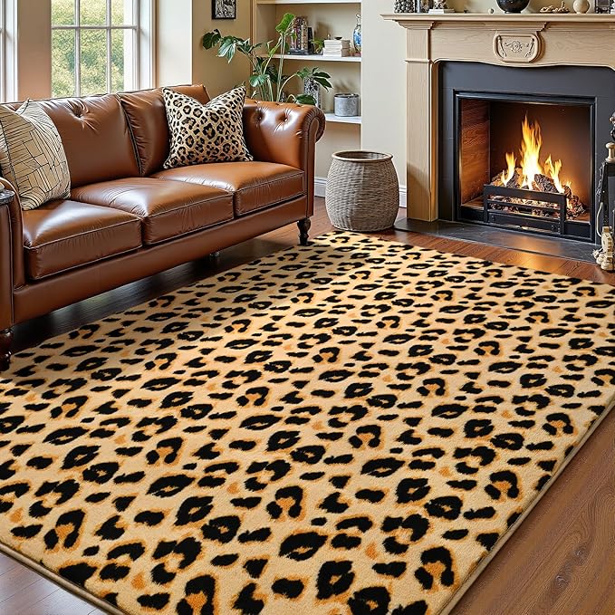 Amearea Soft Leopard Rugs for Bedroom Living Room, 3x5 Modern Cheetah Print Thickened Memory Foam Rug, Fluffy Indoor Washable Animal Rug Carpet for Kids Boys Girls Dorm Nursery Room Home Decor, Khaki