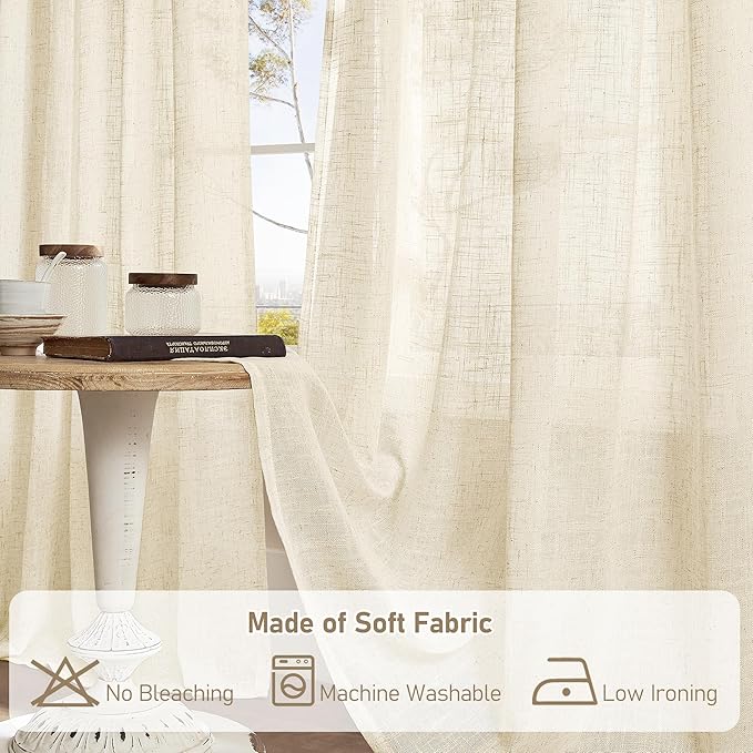 LAMIT Short Window Linen Curtains 45 Inch Length 2 Panels, Beige Light Filtering Panels Back Tab and Rod Pocket Neutral Drapes for Bathroom/Loft Room, 34 x 45 Inch