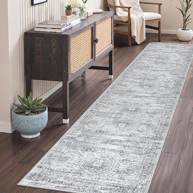 Rug Runners for Hallways Non Slip - 2x8 Runner Rug for Bedroom, Washable Runner with Rubber Backing, Soft Low-Pile Carpet for Kitchen, Laundry, Bathroom (2'x8', Grey/Ivory)