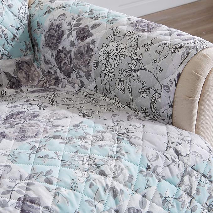 Great Bay Home Reversible Floral Patchwork Recliner Furniture Protector - Machine Washable, Scalloped Edge, Stain Resistant, Printed Furniture Cover for Dogs, Kids, and Pets (Gray/Aqua)
