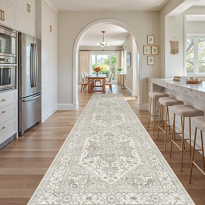 Madane Hallway Runner 3x14 - Runner Rugs 14ft Washable Entryway Rug Vintage Kitchen Runners Non Slip Indoor Area Rug Farmhouse Carpet Runner for Bathroom Living Room Bedroom, Beige/Brown