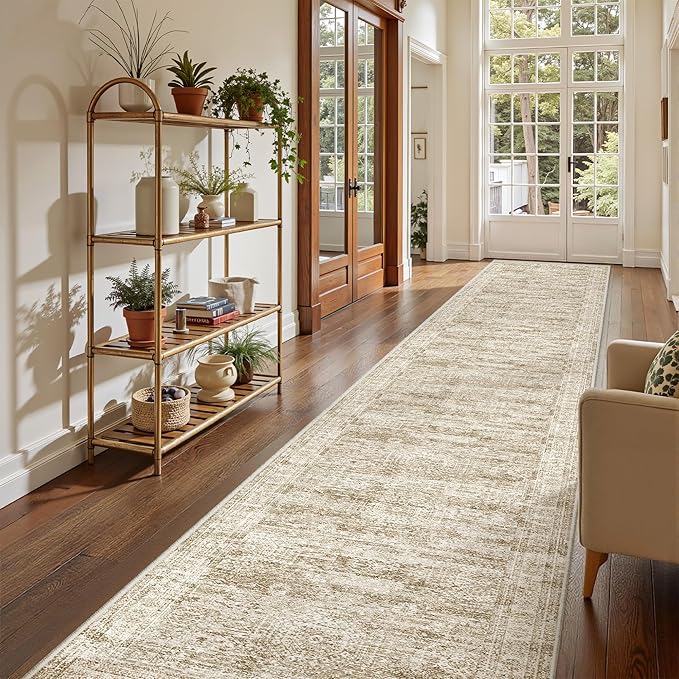 Washable Runner Rug 2.5x16, Non-Slip Long Hallway Runner for Entryway, Soft Vintage Kitchen Mats for Floor, Abstract Dining Room, Bedroom, Living Room Rugs(2.5'x16', Brown/Ivory)