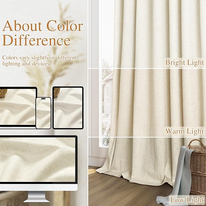 Guken 100% Blackout Curtains 80 Inch Length 2 Panels Set for Living Room Bedroom Back Tab Thermal Insulated Black Out Linen Drapes Room Darkening Window Curtains 80 Inches Long,Warm Beige