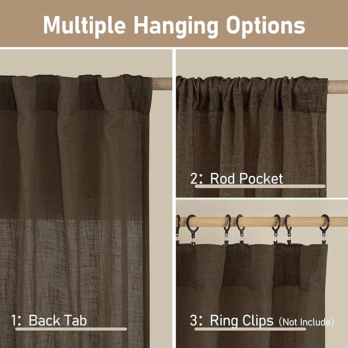 LAMIT Linen Curtains 60 Inch Length 2 Panels, Light Filtering Panels Back Tab and Rod Pocket Neutral Drapes for Bedroom/Window/Living Room, Dark Brown, 34 x 60 Inch