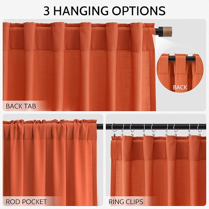 Nanspring Bright Orange Linen Blend Light Filtering Back Tab Curtains 96 Inches Long, Semi Sheer Privacy Drapes for Living Room & Bedroom, 52x96 inch, 2 Panels