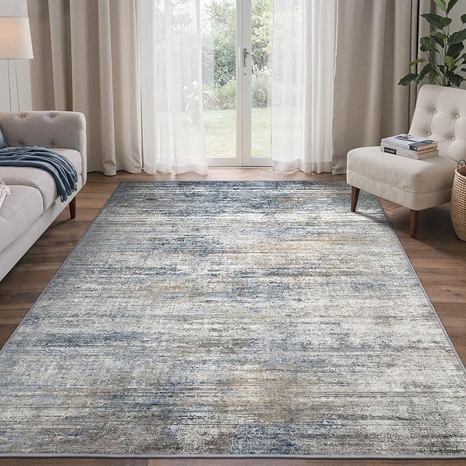 BEIMO Area Rugs 5x7 for Living Room Bedroom, Modern Abstract Machine Washable Rug, Large Soft Low Pile Floor Carpet with Non Slip Backing for Dining Room, Denim Blue/Taupe