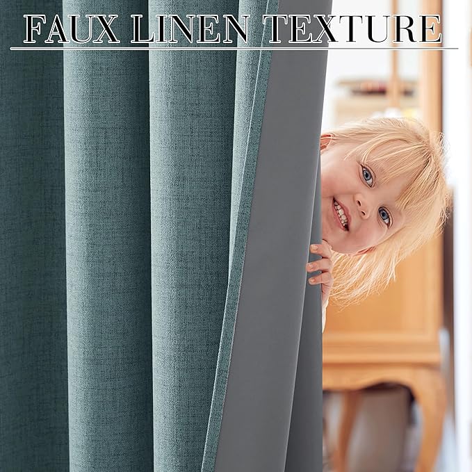 RYB HOME 100% Blackout Linen Textured Curtains 84 inches Long, Thermal Insulating Privacy Energy Saving for Bedroom Living Room Window Office Theater Baby Nursery, W 52 x L 84 in, Misty Blue, 2 Pcs