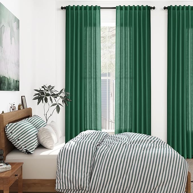Nanspring Dark Green Linen Curtains 96 Inches Long 2 Panels Set for Living Room Rod Pocket Back Tab Semi Sheer Light Filtering Protect Privacy Emerald Green Curtain for Bedroom Floor Length 52x96