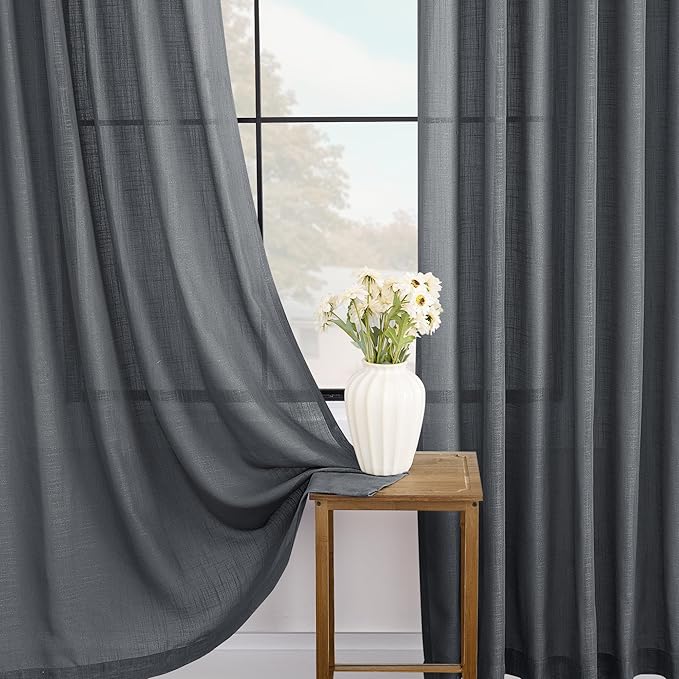 Dark Gray Curtains for Living Room Back Tab Modern Farmhouse Semi Sheer Gray Curtains 63 inches Long 2 Panels Set Muted Neutral Window Curtain for Dining Room Bedroom 52x63