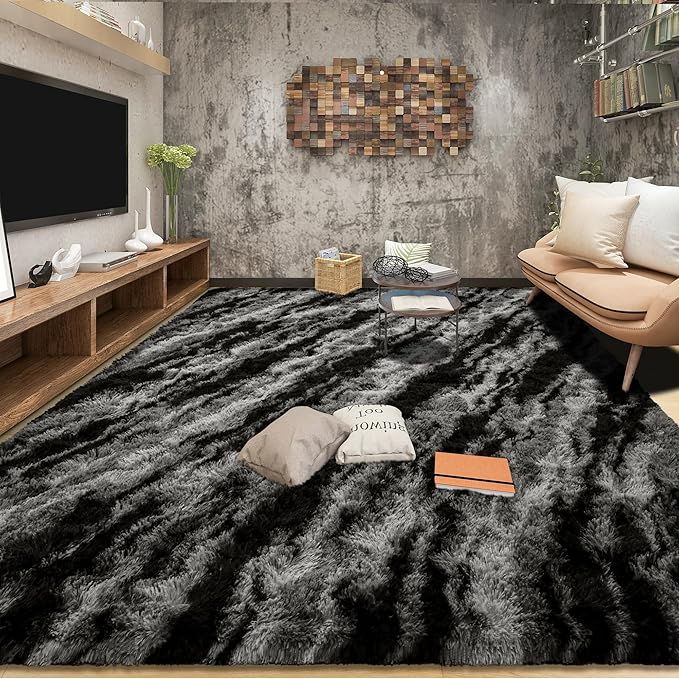 Tepook Soft Fluffy Rugs for Living Room, 5x8 Shaggy Area Rug for Bedroom, Modern Shag Rug Fuzzy Carpets for Kids, Plush Indoor Nursery Home Decor Rug with Non-Slip Bottom, Black Grey