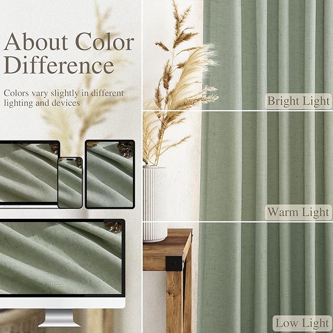 Desert Sage Linen Curtains 90 Inch Long 2 Panels Set for Bedroom Living Room Linen Textured Window Drapes Semi Sheer Light Filtering Rod Pocket Back Tab Cotton Textured Farmhouse Curtain 52x90