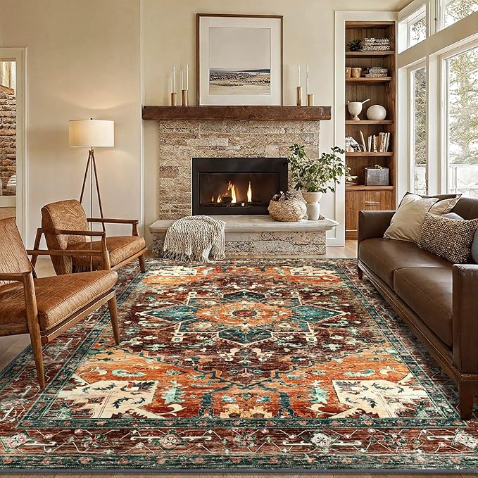 Yamaziot 8x10 Large Area Rug, Non-Slip Washable Boho Vintage Living Room Bedroom Rug with Rubber Backing, Low Pile Faux Wool Soft Distressed Rug Floor Carpet for Living Room, Bedroom