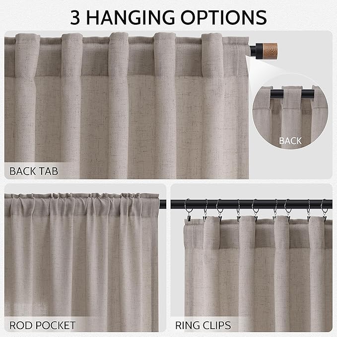 Nanspring Stone Beige Linen Curtains 96 Inches Long for Living Room Simple Modern Luxury Light Filtering Semi Sheer Curtain Back Tab Farmhouse Decor Drapes for Bedroom Office 52x96, 2 Panels