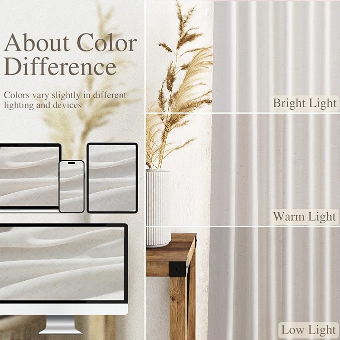 Nanspring Natural Linen Curtains for Living Room 112 Inches Long Back Tab Light Filtering Semi Sheer Curtain Rustic Farmhouse Decor Long Floor to Ceiling High Window for Bedroom 52x112, 2 Panels