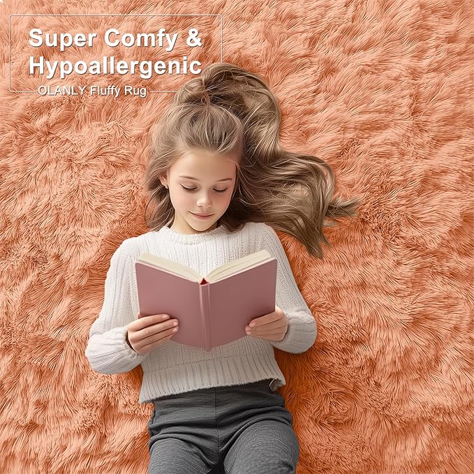 OLANLY 2x8 Machine Washable Runner Rugs for Hallway, Soft Fluffy Shaggy Bedside Rugs for Bedroom, Living Room, Indoor Floor Carpet for Kids Girls and Boys, Home Decor Aesthetic, Muted Orange