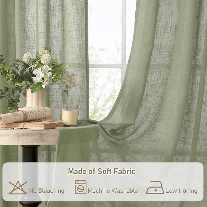LAMIT Light Filtering Linen Curtains 72 inches Long for Bedroom, Linen Textured Semi Sheer Back Tab and Rod Pocket Boho Drapes for Window/Living Room, Sage Green, 2 Panels, 34 x 72 Inch