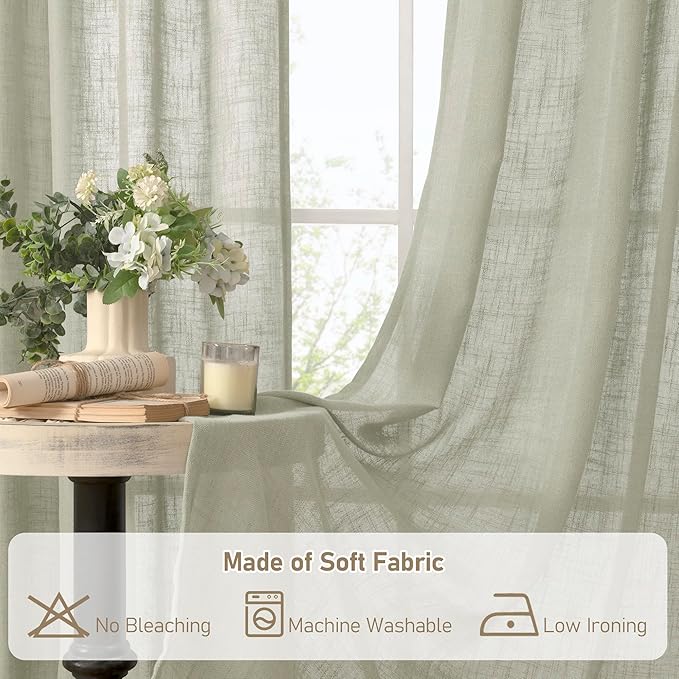 LAMIT Sage Grey Linen Curtains 90 Inch for Living Room, Back Tab and Rod Pocket Linen Textured Farmhouse Curtains Light Filtering Drapes for Bedroom/Dining Room, Set of 2, 52 x 90 Inch