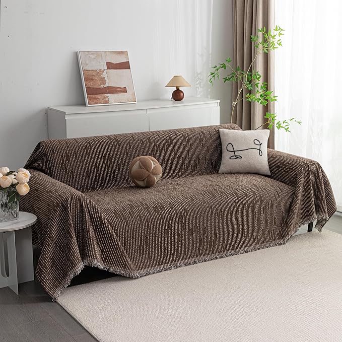 MYSKY HOME Boho Couch Cover Deep Chocolate Sofa Covers Washable, Farmhouse Sofa Slipcover Simple Couch Protector for Dogs Chenille Sectional Couch Covers L Shaped Couch Cushion Covers, 91"x 134"