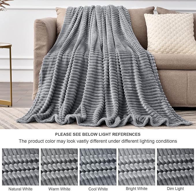 BEDELITE Fleece Blanket King Size – 3D Ribbed Jacquard Soft and Warm Decorative Fuzzy Blankets – Cozy, Fluffy, Plush Lightweight Throw Blankets for Couch, Bed, Sofa(Grey, 108x90 inches)