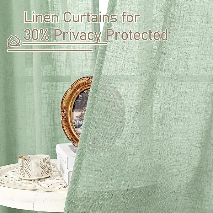 LAMIT Linen Curtains 48 Inch Length 2 Panels, Light Filtering Panels Back Tab and Rod Pocket Neutral Drapes for Kitchen/Window/Loft Room/Bedroom, 34 x 48 Inch Fresh Green