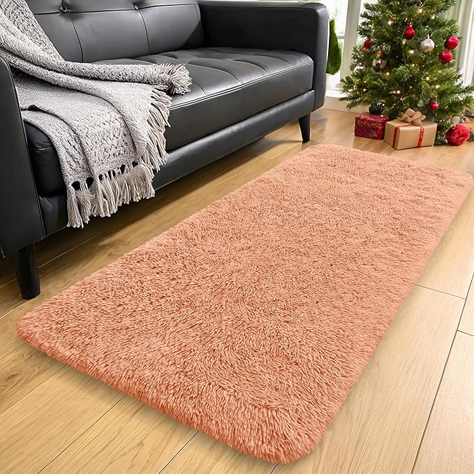 OLANLY 2x8 Machine Washable Runner Rugs for Hallway, Soft Fluffy Shaggy Bedside Rugs for Bedroom, Living Room, Indoor Floor Carpet for Kids Girls and Boys, Home Decor Aesthetic, Muted Orange