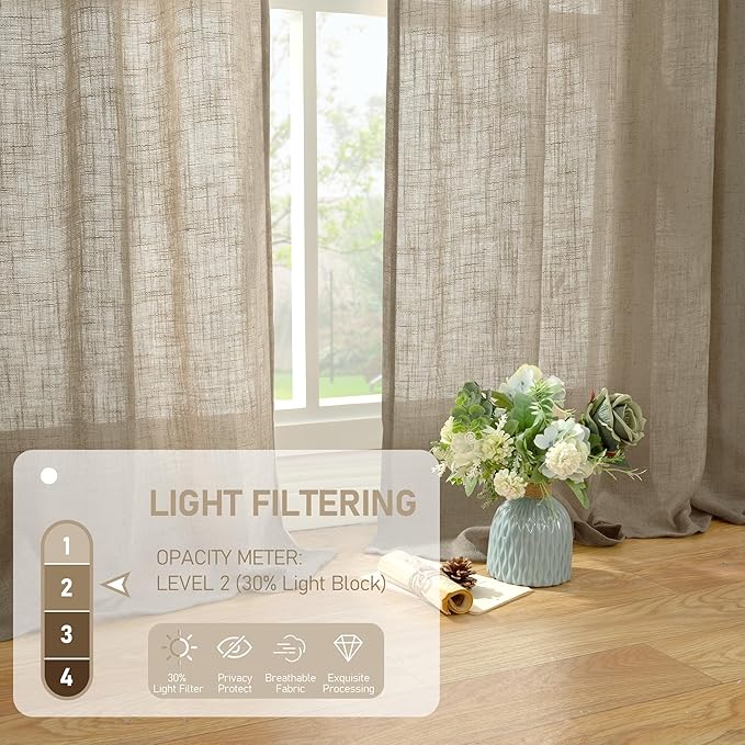LAMIT Taupe Linen Curtains for Living Room 84 inch Length 2 Panels, Light Filtering Semi Sheer Curtains Back Tab and Rod Pocket Farmhouse Drapes for Bedroom/Sliding Glass Door, 52 x 84 Inch