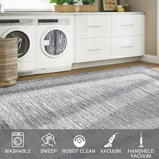 GarveeHome Modern Geometric Area Rug 5x7 Distressed Bordered Rug Washable Non Slip Floor Carpet Non Shedding Thin Rug, Soft Low Pile Rug, Contemporary Gray Rug for Dining Room, Living Room