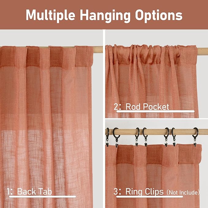 LAMIT Semi Sheer Linen Kitchen Curtains 24 Inch Length, Light Filtering Window Panels Back Tab and Rod Pocket Drapes for Basement/Small Windows, Terracotta, 25 x 24 Inch, 2 Panels