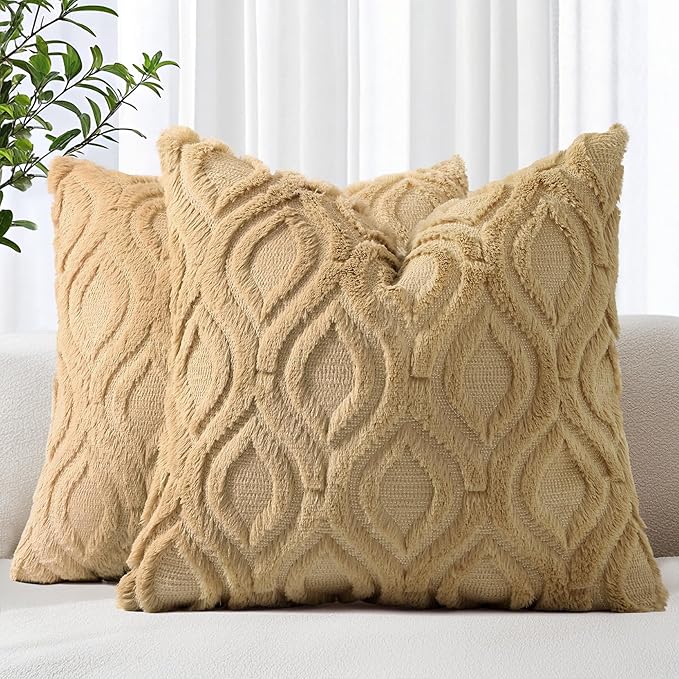 decorUhome Throw Pillow Covers 24x24 Inch Set of 2, Soft Plush Faux Wool Khaki Solid Couch Pillow Covers, Accent Euro Sham Farmhouse Neutral Square Pillow Cases for Sofa Bed Living Room