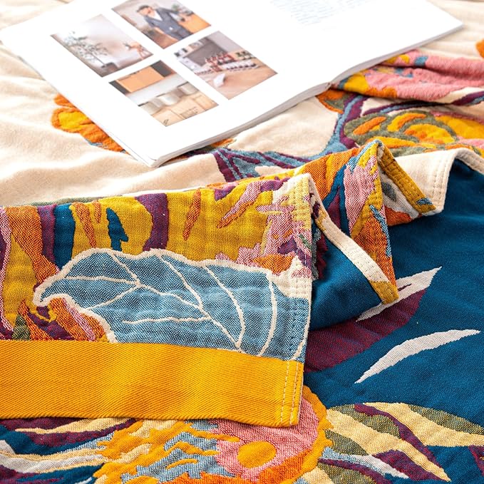 MSGKV Boho Throw Blanket 60''x80'',100% Cotton Blanket for Couch Bed, Spring Breathable Quilt Farmhouse Home Decor Soft Lightweight Picnic Blankets
