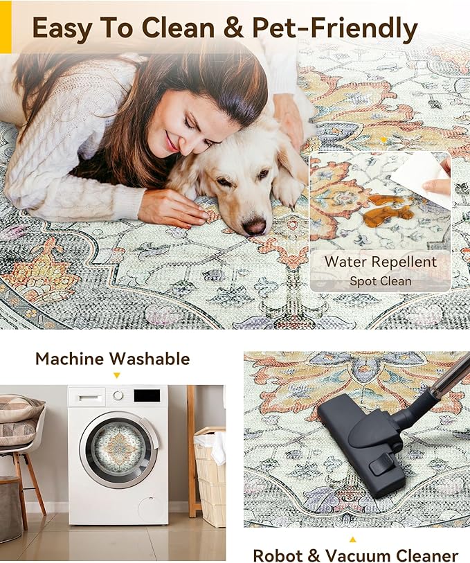 Area Rugs 4ft Washable Non-Slip, Floral Vintage Distress Print Pattern Medallion Carpet for Living Room Bedroom Dining Room, Light Yellow Carbon Grey Orange