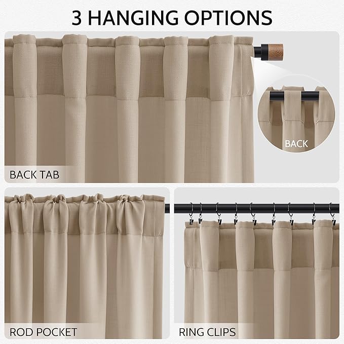 Sepia Beige Linen Curtains 112 Inches Long for Living Room Farmhouse Decor Light Filtering Semi Sheer Curtain Back Tab Rod Pocket Neutral Floor to Ceiling High Window for Bedroom 52x112, 2 Panels