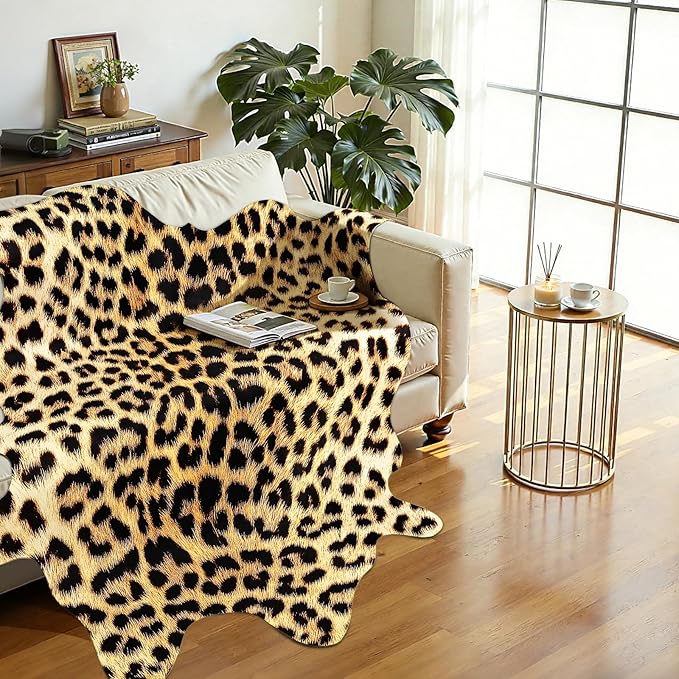 AROGAN Western Decor Faux Fur Leopard Rug, 4.6 x 5.2 Feet Premium Animal Skin Leopard Hide Rug, Sturdy Cheetah Print Rugs for Wall Decor, Western Floor Carpet for Bedroom Living Room, Black and Gold