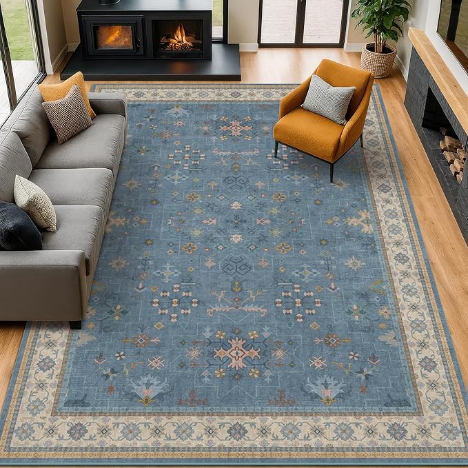 Hazo Haus Blue Big Rugs for Living Room - Dusty Blue 10x14 Area Rug for Large Bedroom, Dining Room, Washable Lightweight Low Pile Foldable Eclectic Modern Floral Home Décor