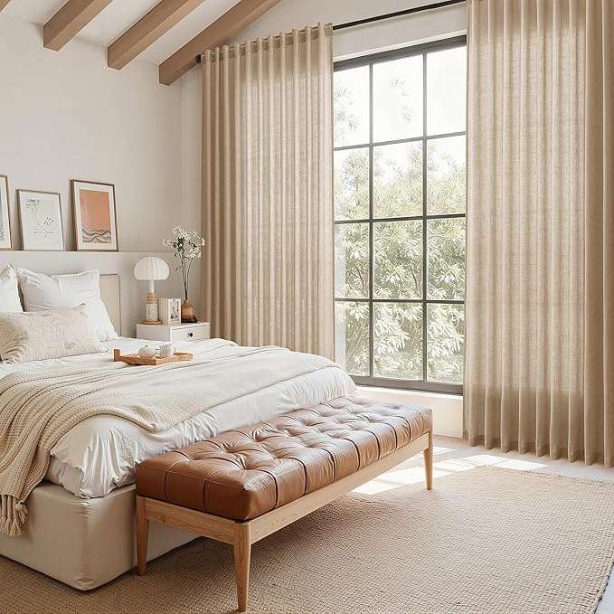 Sand Beige Linen Curtains for Living Room 105 Inches Long Simple Modern Light Filtering Semi Sheer Curtain Back Tab Rustic Farmhouse Luxury Home Decor Drapes for Bedroom Dinner Room 52x105, 2 Panels