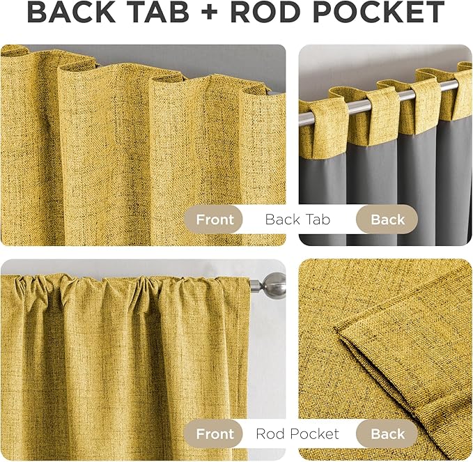 Joydeco Linen Blackout Curtains for Bedroom - 100% Light Blocking 1 Panels, Yellow Drapes 100" W x 84" L, Thermal Insulated Room Darkening Curtains for Living Room, Rod Pocket & Back Tabs