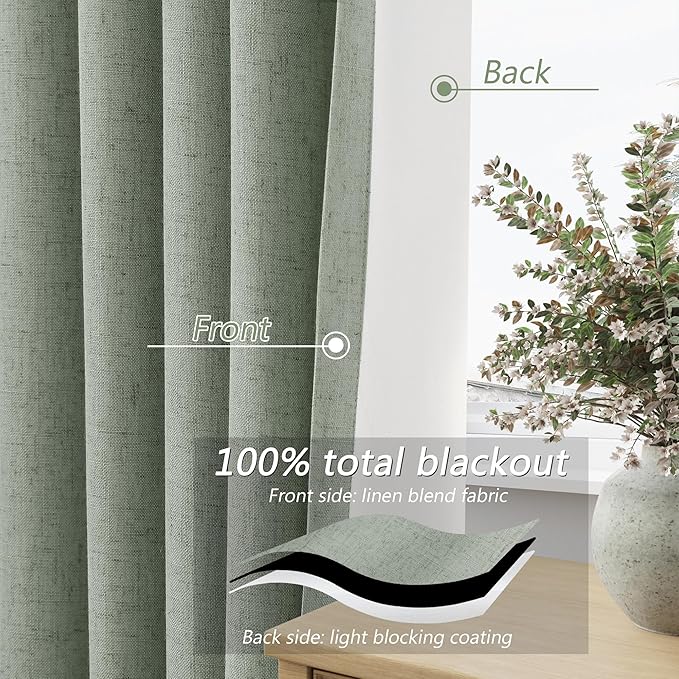 Guken 100% Blackout Curtains 120 Inch Length 2 Panels Set for Living Room Bedroom Back Tab Thermal Insulated Black Out Linen Drapes Room Darkening Window Curtains Desert Sage 52x120