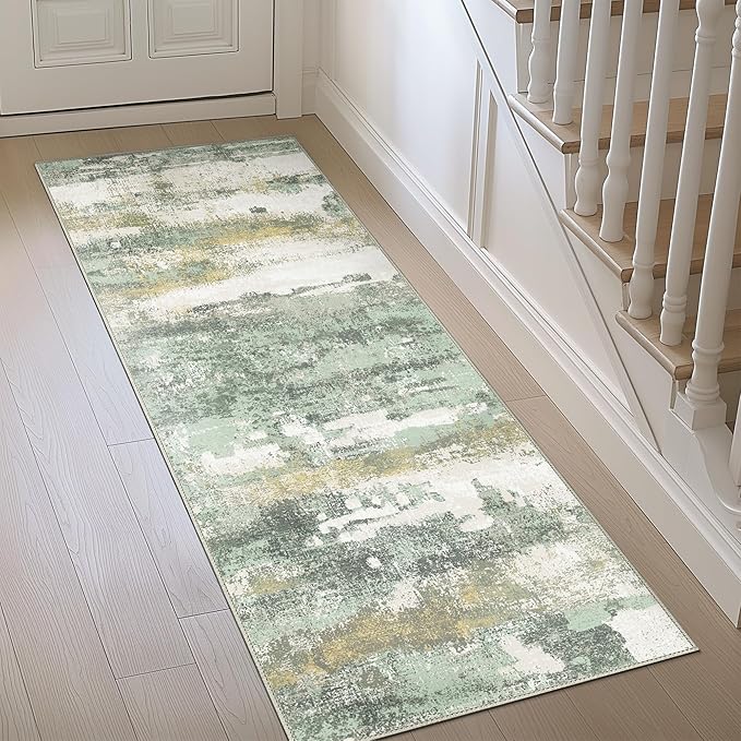 Runner Rug for Hallway Kitchen, 3x7 Machine Washable Runners Rug for Entryway, Soft Modern Abstract Throw Rugs, Low Pile Floor Cover with Non Slip Backing, Light Green