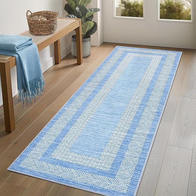 Washable 2.5x10 Kitchen Runner Rug, Easy Clean Geometri Rugs for Hallway Entryway, Indoor Outdoor Non Slip Rug Farmhouse Morden Carpet Door Mat Area Rug for Laundry Room Light Blue