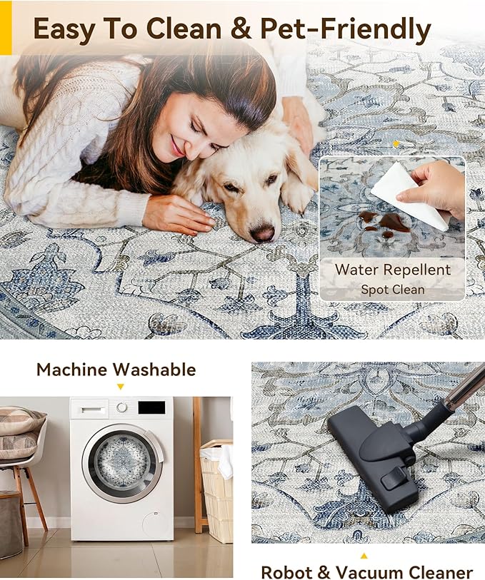 Area Rugs 8ft Washable Non-Slip, Floral Vintage Distress Print Pattern Medallion Carpet for Living Room Bedroom Dining Room, Light Blue Navy Beige Gray White