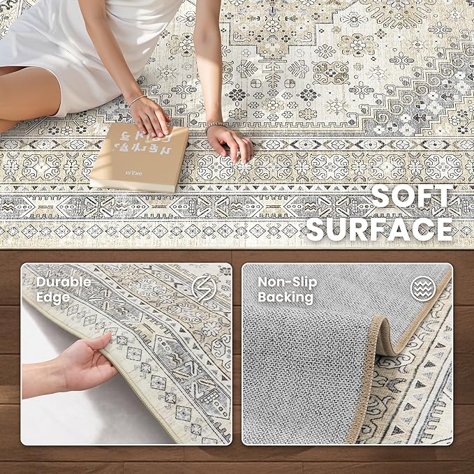 zesthome 7x9 Area Rug, Super Soft Washable Rugs for Living Room, Non-Slip Stain Resistant Vintage Rugs, Ultra-Thin Large Area Rugs (Beige,7'x9')