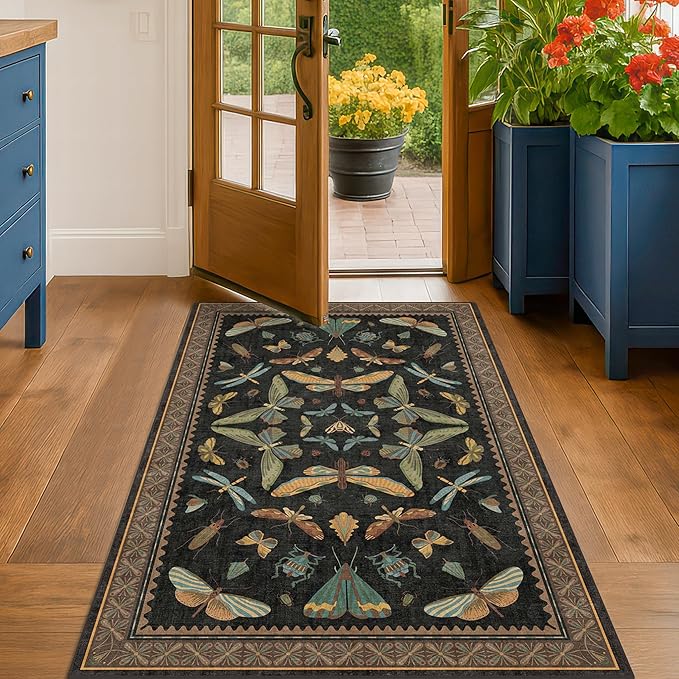3x5 Entryway Rug Non Slip Washable - Black Throw Rug for Kitchen, Mudroom, Bedroom Bedside, Insect Boho Vintage Aesthetic Décor
