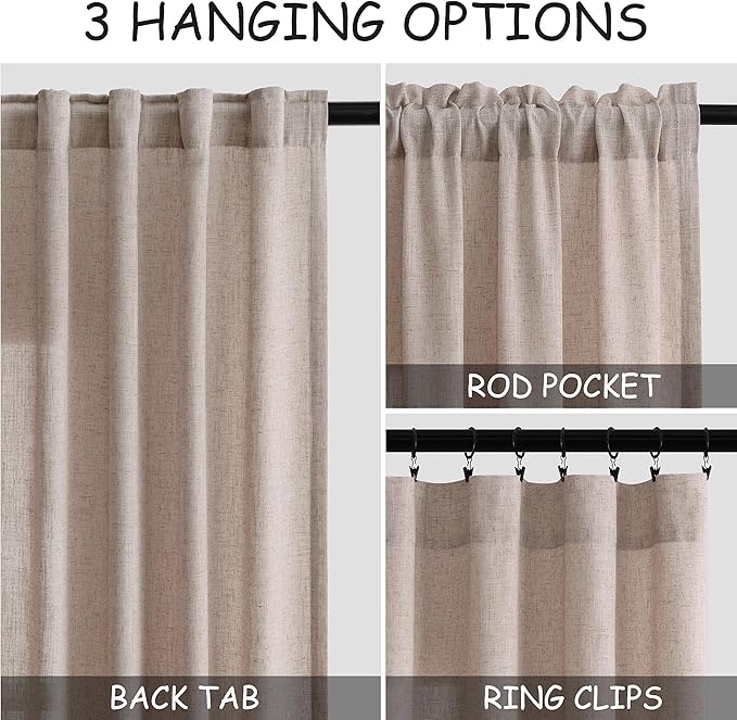 Extra Long Curtains 2 Panels 102 Inches Long for Living Room Oatmeal Back Tab Rod Pocket Light Filtering Semi Sheer Drapes Cotton Linen Textured Window Curtain 102 Inch Length for Bedroom 9 FT