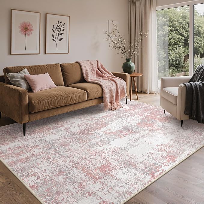 BEIMO Area Rugs 8x10 for Living Room Bedroom, Modern Abstract Machine Washable Rug, Large Soft Low Pile Floor Carpet with Non Slip Backing for Dining Room, Pink/Grey