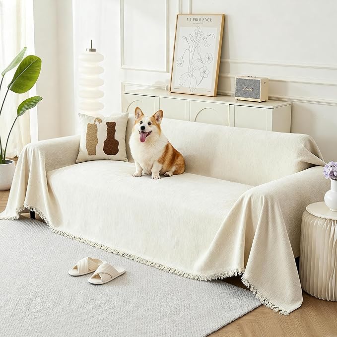 Couch Cover for Dogs, Boho Sofa Covers for 2 Cushion Couch, Chenille Sofa Slipcover for Pets Washable, L-Shape Sectional Couch Loveseat Cover Soft Throw Blankets with Tassels(71x102,Cream)
