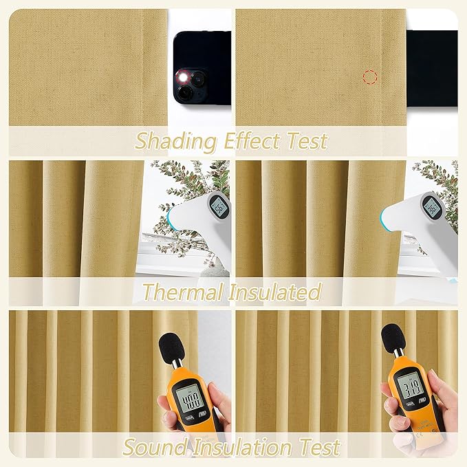 Guken 100% Blackout Curtains 120 Inch Length 2 Panels Set for Living Room Bedroom Back Tab Thermal Insulated Black Out Linen Drapes Room Darkening Window Curtains Gold Yellow 52x120