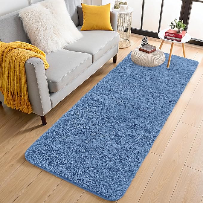 OLANLY 2x4 Machine Washable Runner Rugs for Hallway, Soft Fluffy Shaggy Bedside Rugs for Bedroom, Living Room, Indoor Floor Carpet for Kids Girls and Boys, Home Decor Aesthetic, Blue